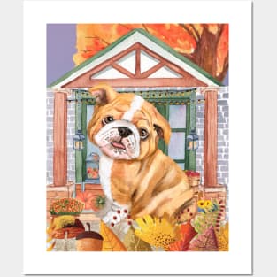 Cute bulldog enjoying Autumn Posters and Art